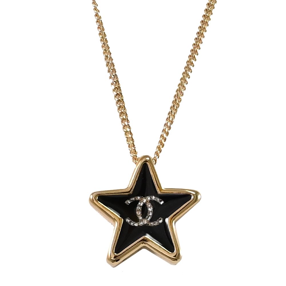 CHANEL 雙C LOGO星星造型黑琺瑯鎖骨鍊/項鍊(金)