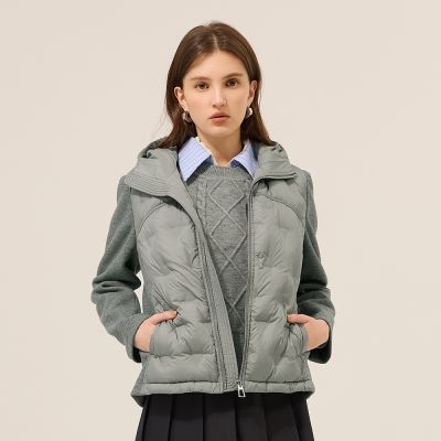 ILEY伊蕾 衍縫羽絨異材拼接連帽外套(灰；M-2L)