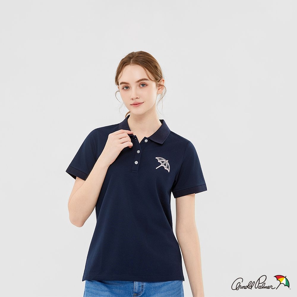 Arnold Palmer 女裝-經典大傘LOGO刺繡短袖POLO衫-深藍色