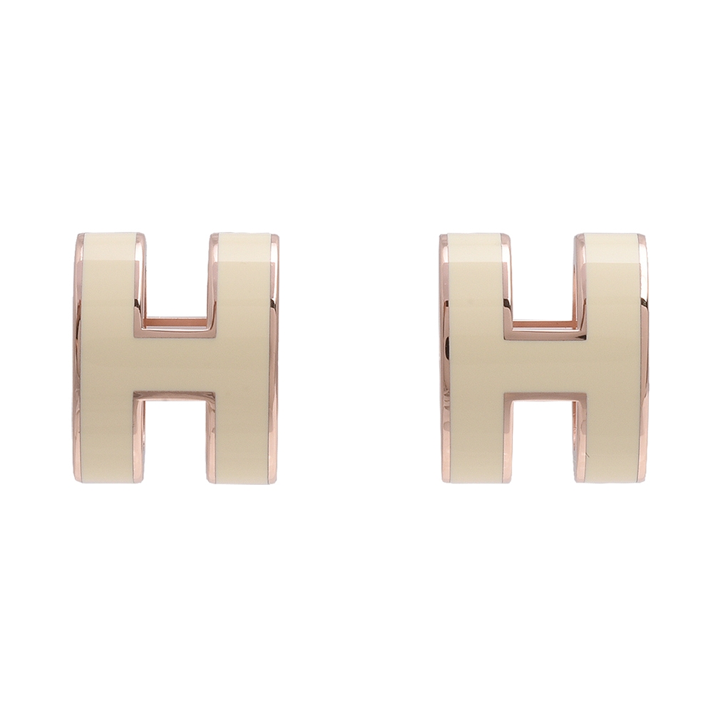 HERMES 經典立體H LOGO簍空橢圓穿式耳環 (白X玫瑰金)