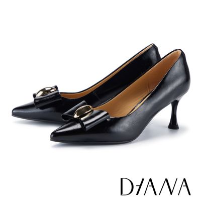 DIANA 優雅知性蝴蝶結牛油皮尖頭高跟鞋 黑色