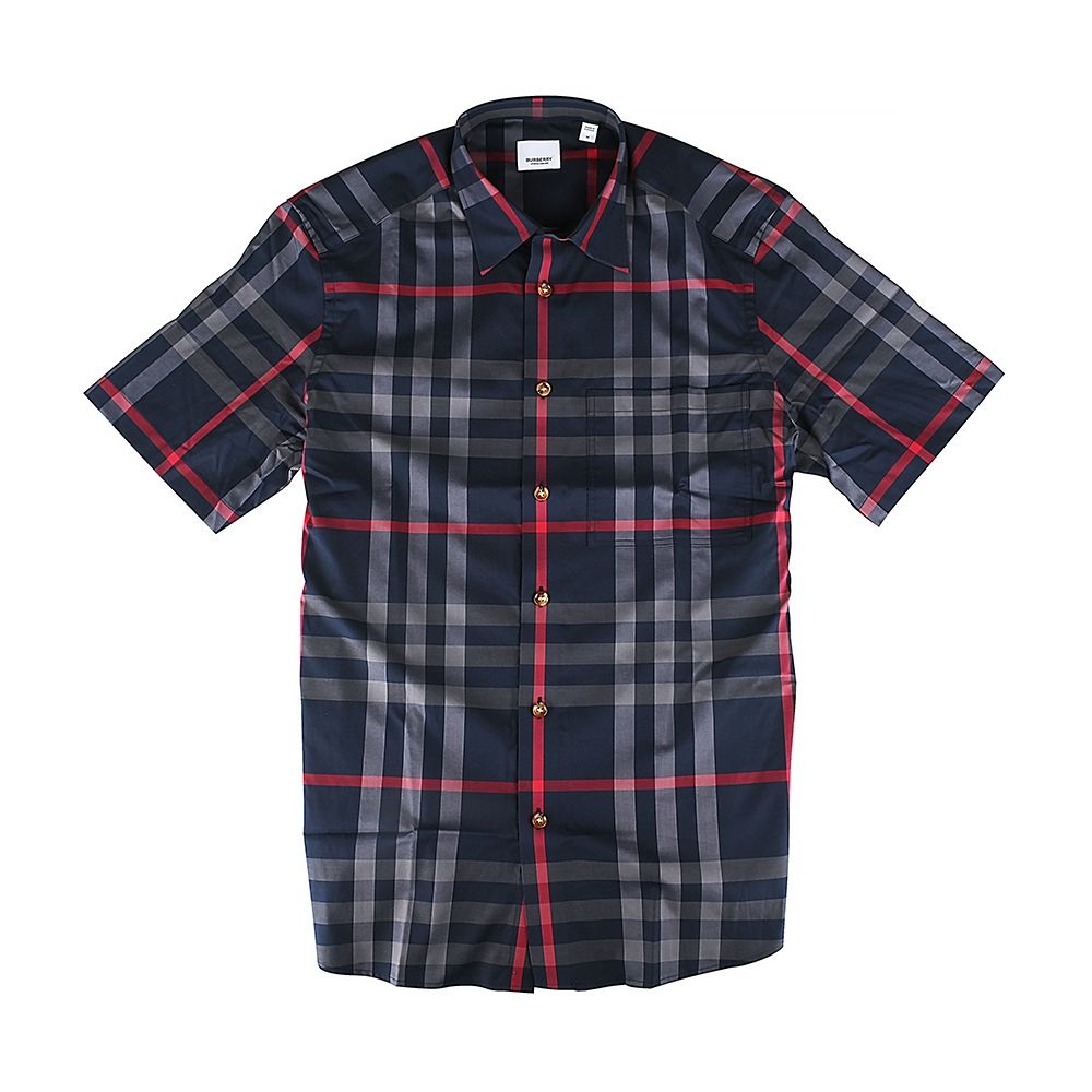 BURBERRY 純棉經典英倫格紋標籤LOGO短袖襯衫(男款/深藍)