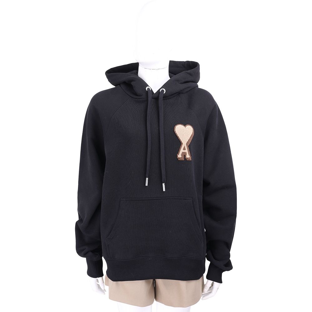 AMI PARIS Red Ami De Coeur 絨毛愛心A補丁 黑色抽繩連帽運動衫 大學T(男/女可穿)