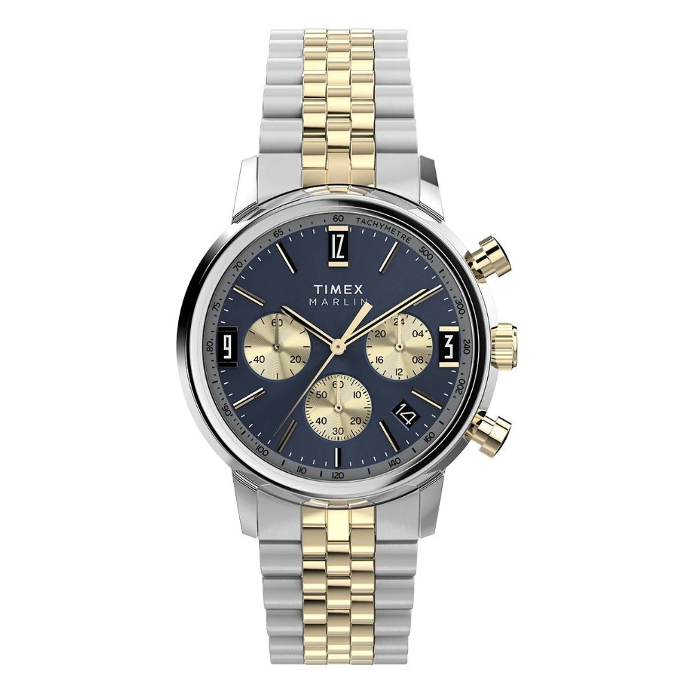 TIMEX  天美時 Marlin系列  40毫米雙色全金屬 復古三眼計時手錶  (藍x金銀 TXTW2W60200)