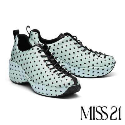 厚底鞋 MISS 21 俏皮少女羊皮拼接波點真絲布綁帶休閒厚底鞋－綠