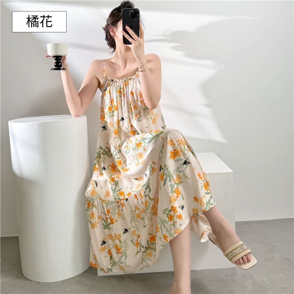 Sleeping Beauty 清涼微風細肩帶居家睡裙-6色可選 (橘花)