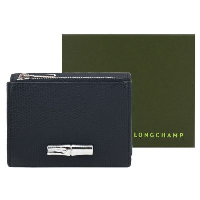LONGCHAMP LE ROSEAU系列金屬竹節粒面牛皮三折短夾(黑)