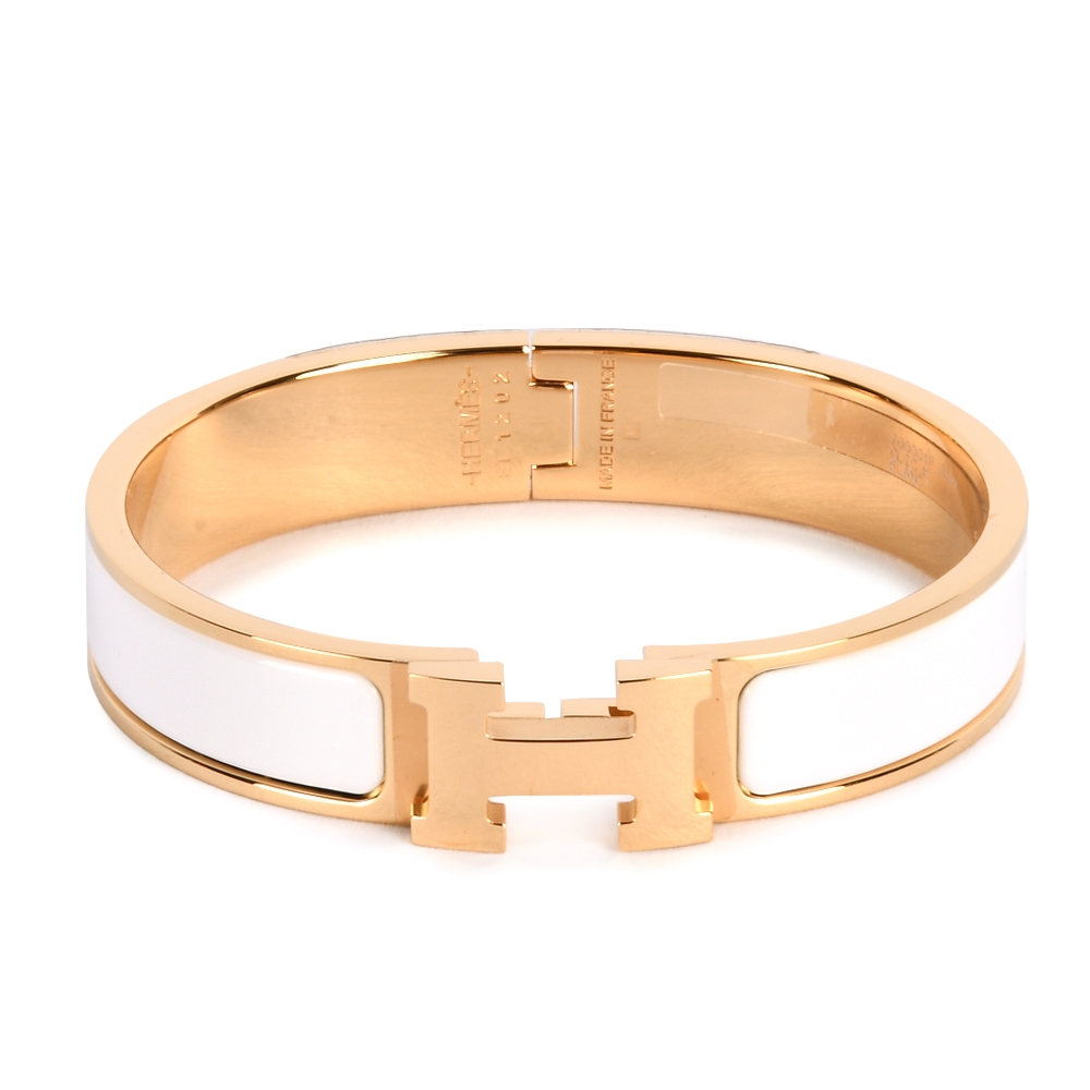 HERMES Clic H LOGO經典琺瑯窄版手環-乳白/金色