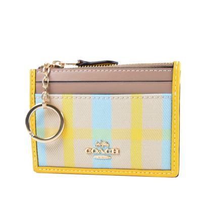 COACH 格紋布拼皮革證件鑰匙零錢包-黃藍格