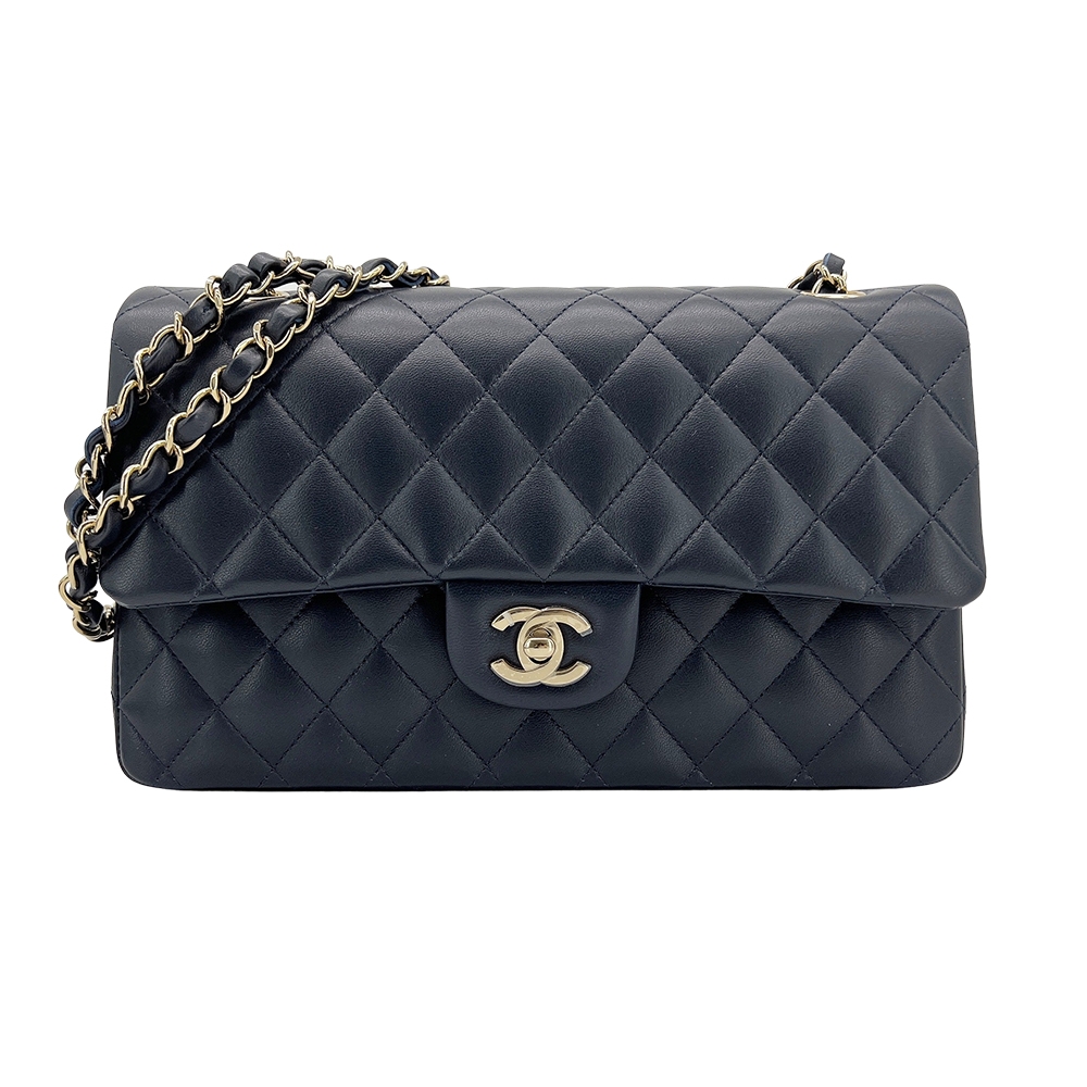 Chanel 經典雙C菱格羊皮銀鍊翻蓋coco斜背包-25cm(A01112-深藍