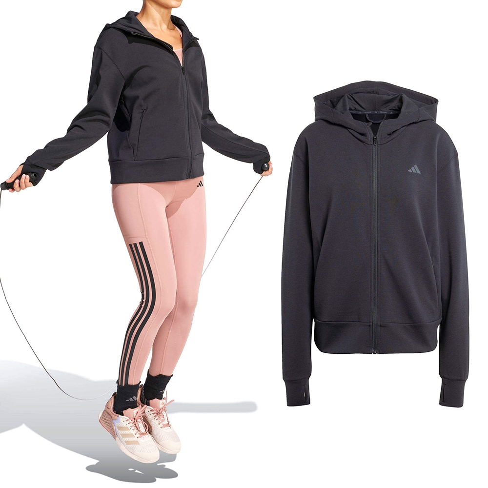 Adidas D4T FZ Hoodie 女款黑色運動休閒口袋拉鍊連帽外套JP2654