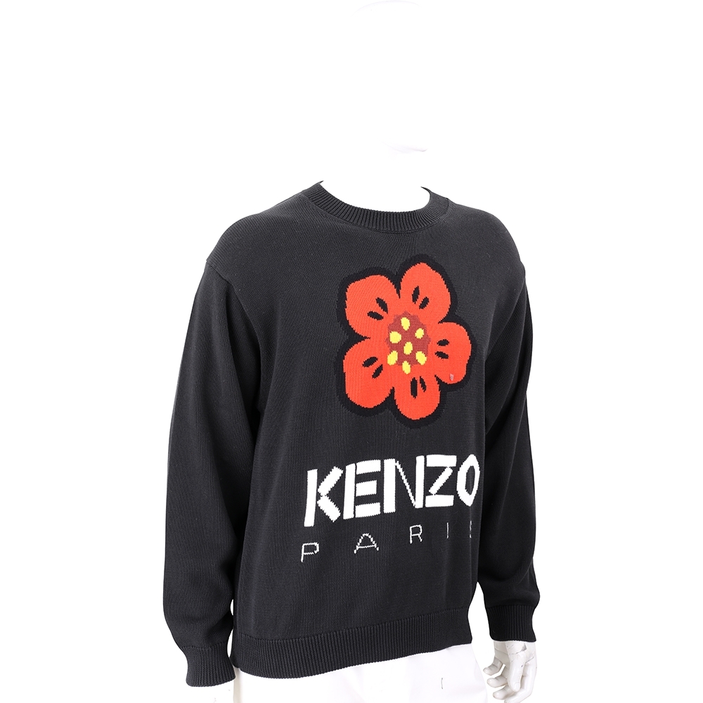 KENZO BOKE FLOWER 扶桑花幾何字母黑色長袖純棉針織毛衣(男款) | 精品