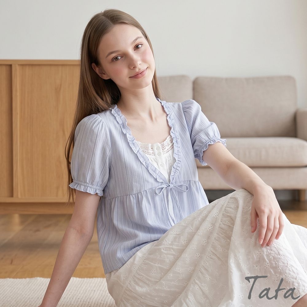TATA 繫帶條紋蕾絲假兩件短袖上衣-M~XL (藍條紋)