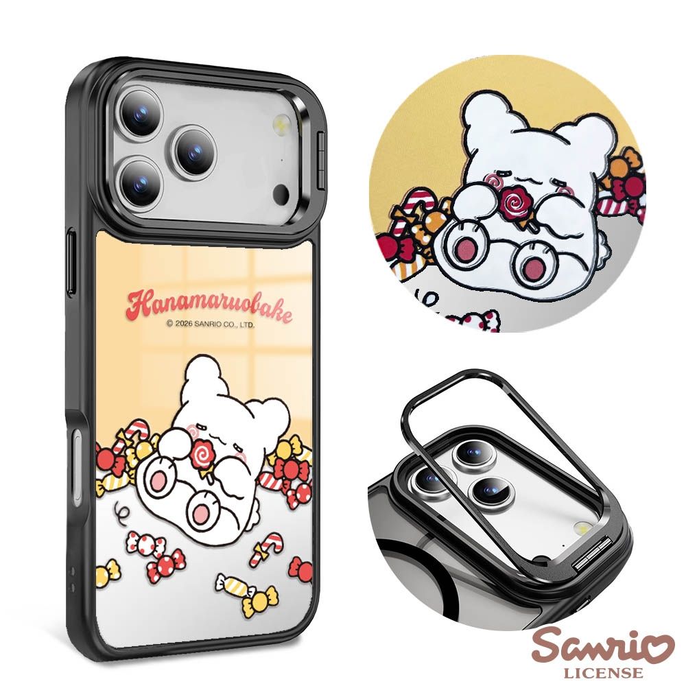 三麗鷗 iPhone 18/17/16/15/14/13系列 防摔合金框隱形立架鏡面磁吸手機殼-糖果花丸-黑框