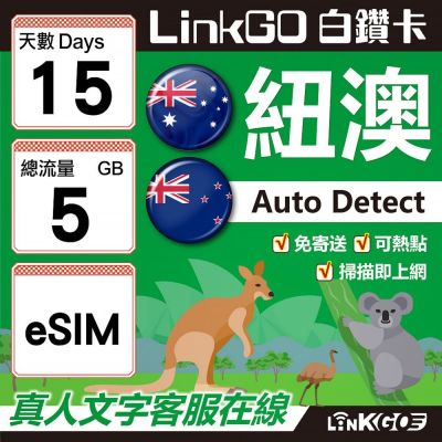 LINKGO白鑽卡 紐澳 eSIM卡 15天上網絡卡 總流量5GB 高速流量(紐澳網絡卡 紐西蘭 澳洲 虛擬卡)