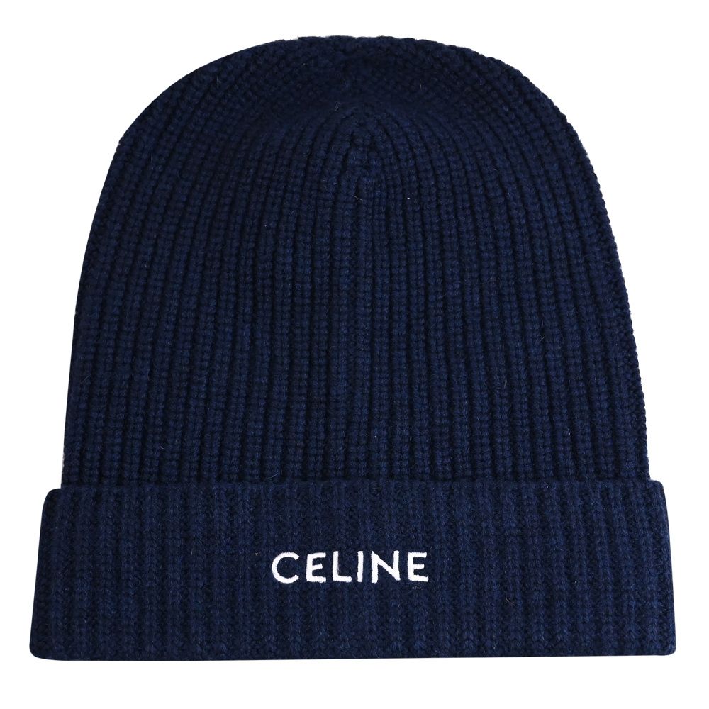 CELINE 品牌電繡LOGO喀什米爾羊毛保暖針織毛帽(深藍)