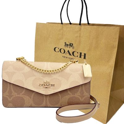 COACH 新款鏈帶肩背/斜背兩用風琴斜背包附紙袋(米白/焦糖)