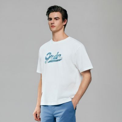 GIORDANO 男裝復古拼接牛仔字母短袖T恤 - 02 皎白