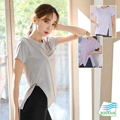 【BODYAIR】圓領側開綁結斜擺短袖上衣(瑜珈.慢跑.運動.健身.透氣.蝴蝶結.舞蹈.運動服)