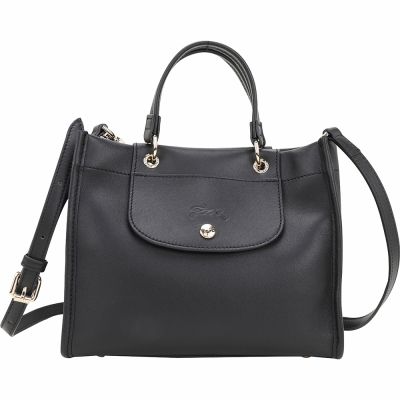 LONGCHAMP Cabas S 奔馬翻蓋梅蒂斯羊皮手提/斜背托特包(黑色)
