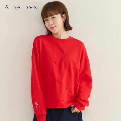 a la sha 蘋果貓多壓褶長袖棉T