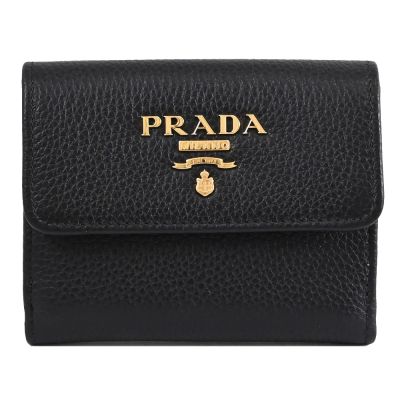 PRADA 金屬浮雕LOGO荔枝牛皮扣式簡易短夾(黑)