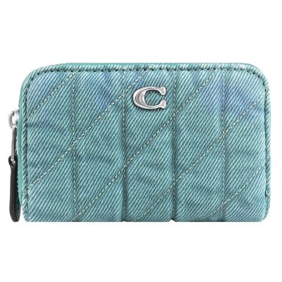 COACH 金屬C LOGO刷色丹寧織布ㄇ字拉鍊零錢包(藍綠)