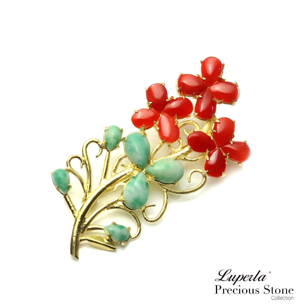 大東山珠寶花開富貴天然寶石珊瑚翡翠胸針| 大東山| Yahoo購物中心