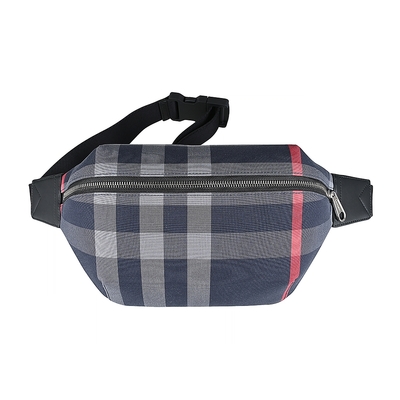 BURBERRY Sonny內皮革銀字LOGO格紋帆布拉鍊胸掛腰包(深藍x多色)