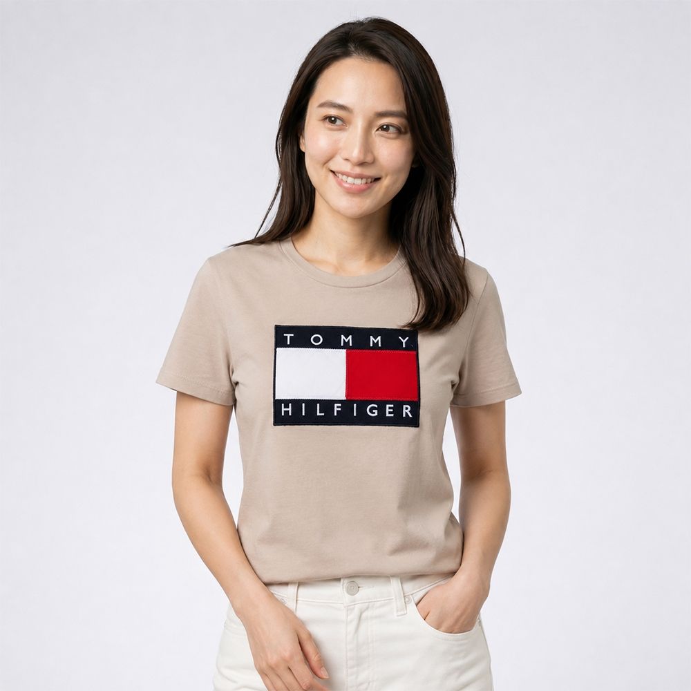 TOMMY 熱銷刺繡大Logo圖案短袖T恤(女)-卡其色
