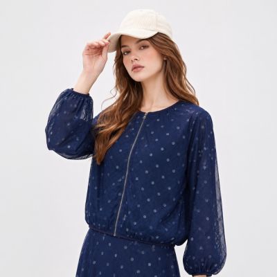 ILEY伊蕾 雙層網紗波點格紋外套(深藍；M-XL)