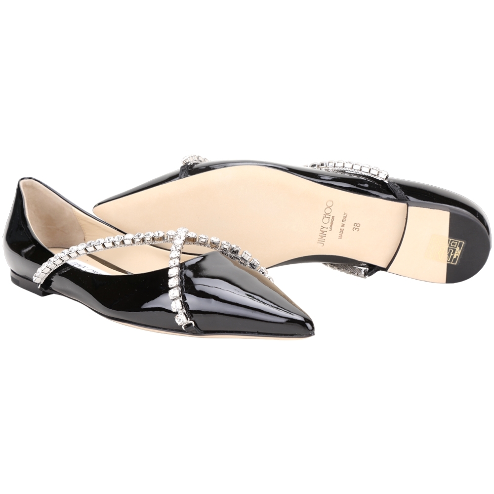 JIMMY CHOO Genevi Flat 水晶鏈飾漆皮尖頭芭蕾平底鞋(黑色) | 精品服飾