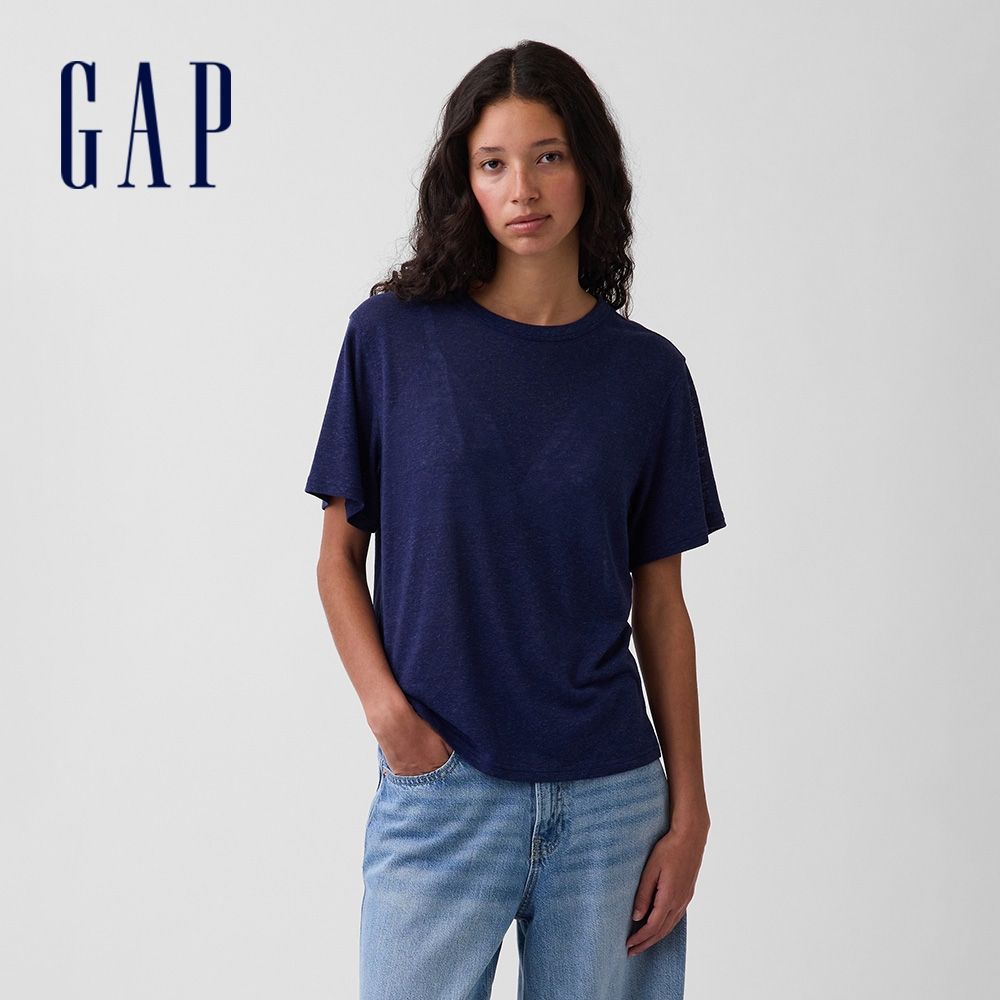 【GAP】亞麻混紡寬鬆T恤-軍藍色/大地棕(886584) (軍藍色)