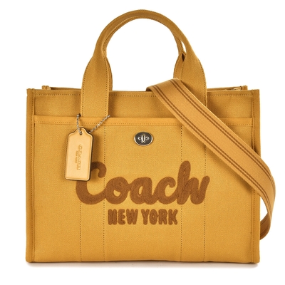 COACH 專櫃款 CARGO 34 草寫LOGO 經典帆布手提/斜背兩用托特包-琥珀黃色