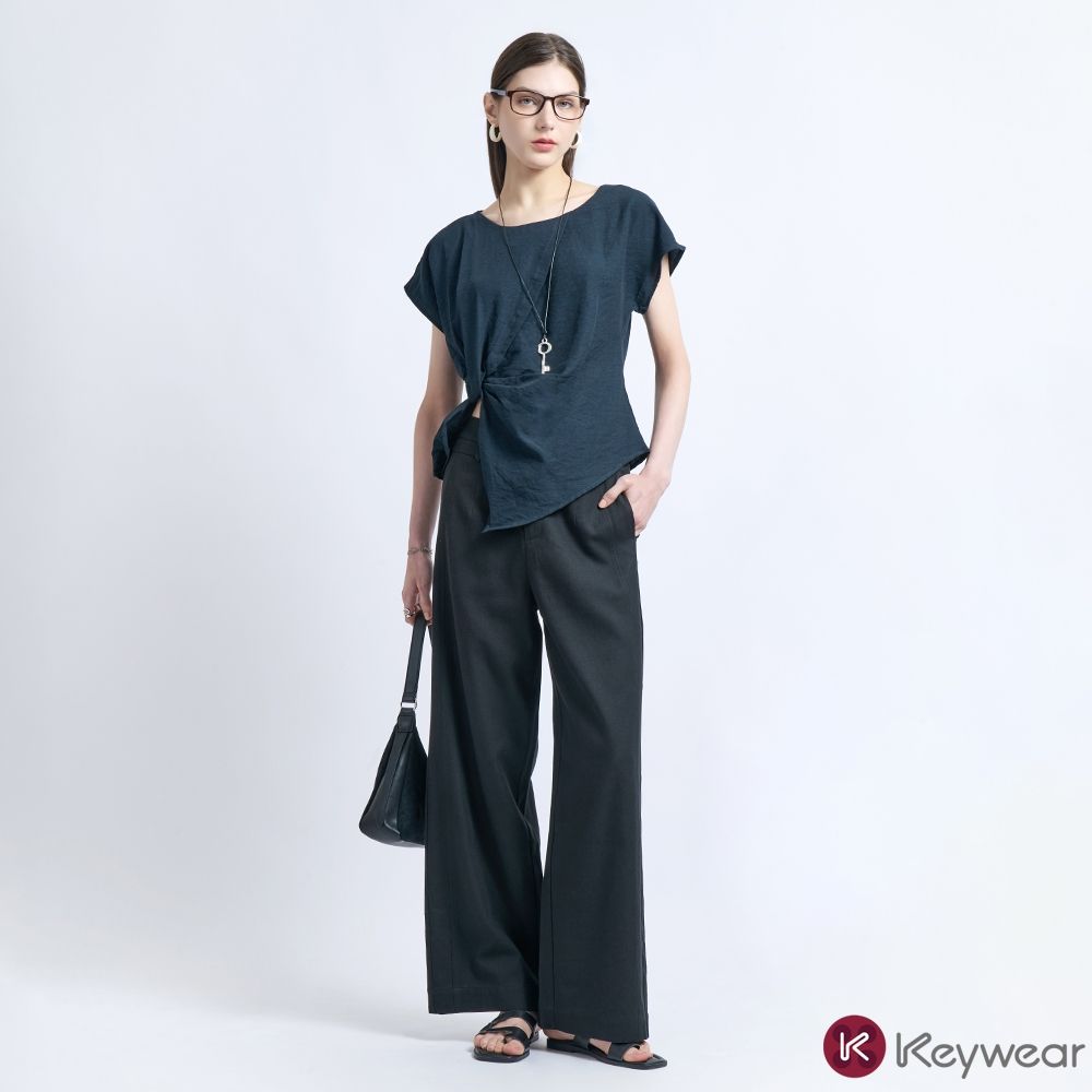 KeyWear奇威名品     知性棉麻簡約寬版長褲(共2色)-黑色