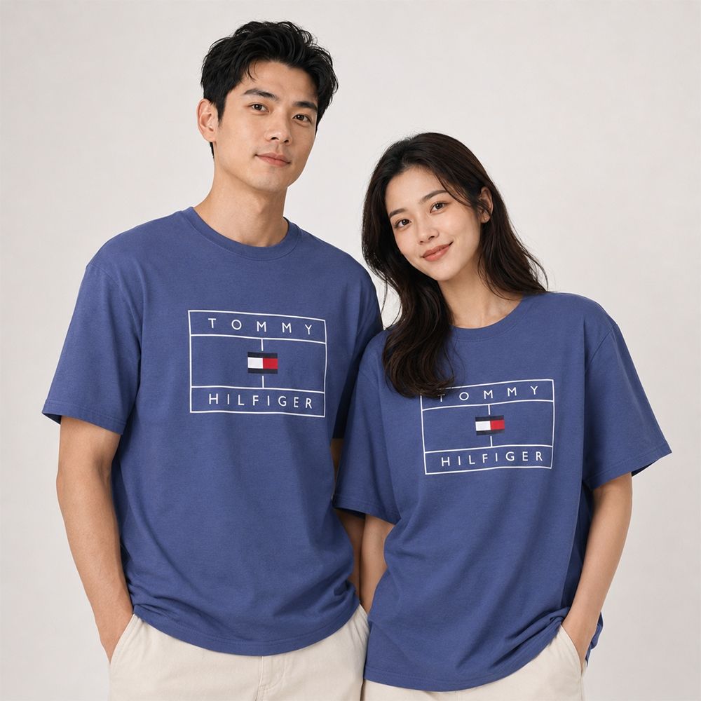 TOMMY 熱銷印刷文字Logo圖案短袖T恤-灰藍色