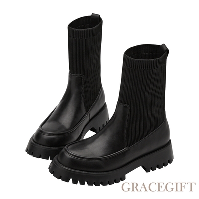 【Grace Gift】小貓聯名-經典百搭2WAY真皮彈力輕量襪套短靴 黑