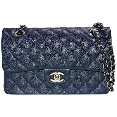 CHANEL香奈兒 CHANEL 經典COCO菱格粒紋牛皮雙鍊肩背包(23cm深藍色)