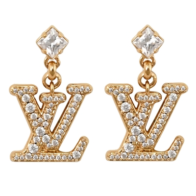 LouisVuitton路易威登 LV M01844 Lady LV 經典品牌水鑽LOGO針式耳環(金)
