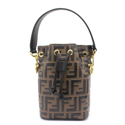 FENDI 芬迪 Mon Tresor Mini 小牛皮 FF壓花 迷你 雙背帶 斜背包 肩背包 水桶包 棕色
