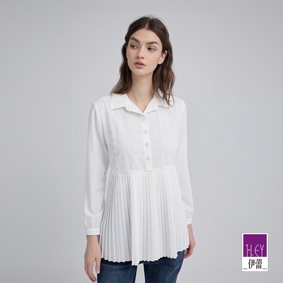 ILEY伊蕾 蕾絲壓摺拼接長版襯衫(白；M-XL)