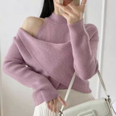 La BellezaV領交叉兩件式設計感螺紋坑條可拉肩露肩針織毛衣
