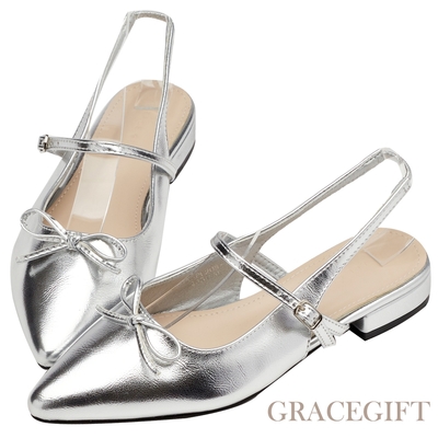 【Grace Gift】法式尖頭蝴蝶結後簍空芭蕾舞平底鞋 銀