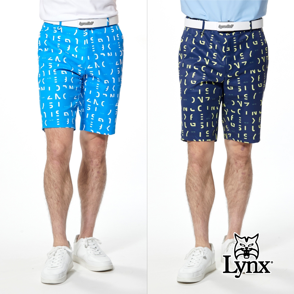 【Lynx Golf】男款防潑水彈性舒適Lynx字樣印花透氣織帶剪接山貓鉚釘造型口袋平口休閒短褲(二色) (藍色)