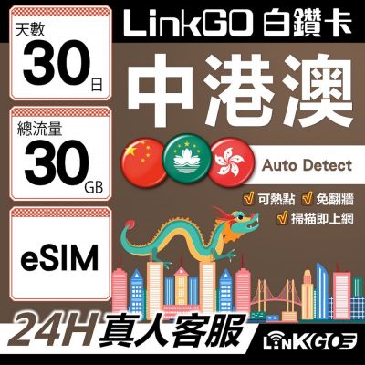 LINKGO白鑽卡 中港澳 eSIM卡 30天上網卡 總流量30GB 無速流量 免翻牆可熱點(中港澳網卡 中國 大陸 香港 澳門 虛擬卡)