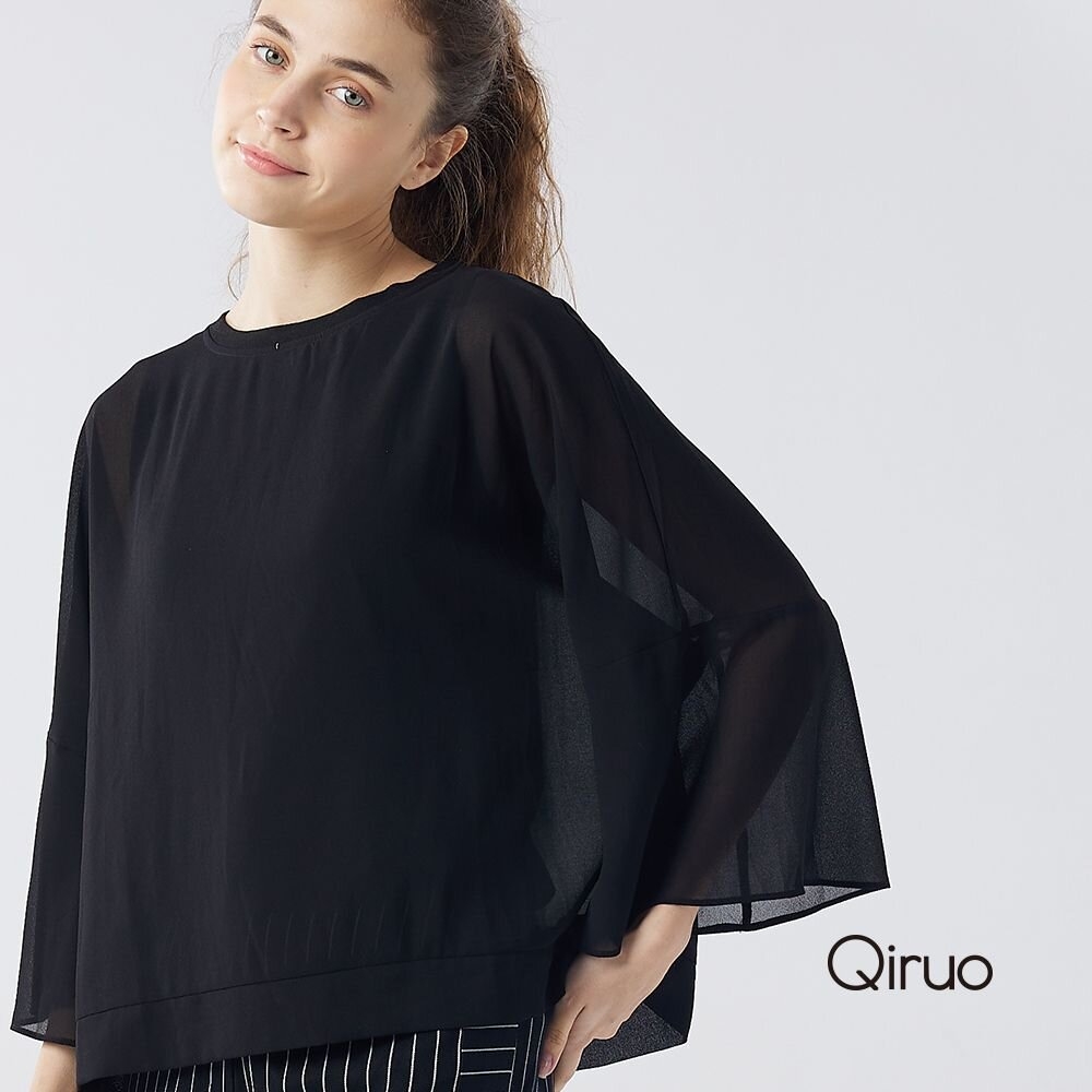 【Qiruo 奇若名品】專櫃黑色精品雪紡紗寬水袖上衣  七分水袖寬版上衣3065A