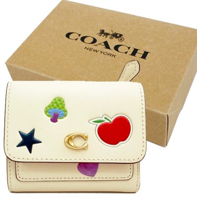 COACH 專櫃款素面牛皮貼圖拉鍊零錢袋鈔票短夾禮盒(米白)