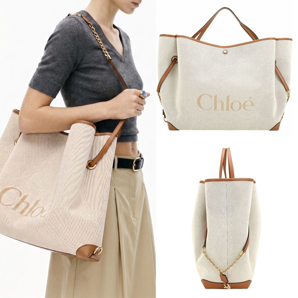 CHLOE 蔻依 Clover 大型 字母刺繡皮帶飾帆布手提 肩斜背包(陶土棕)