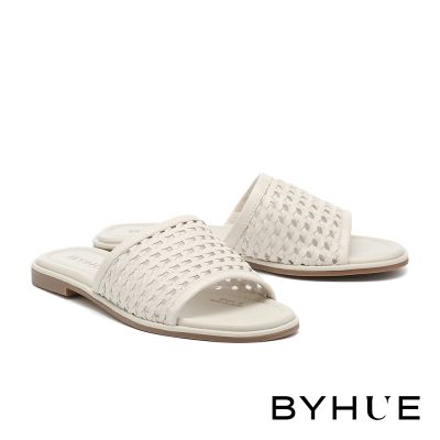 拖鞋 BYHUE 慵懶隨興編織羊皮軟芯平底拖鞋－白