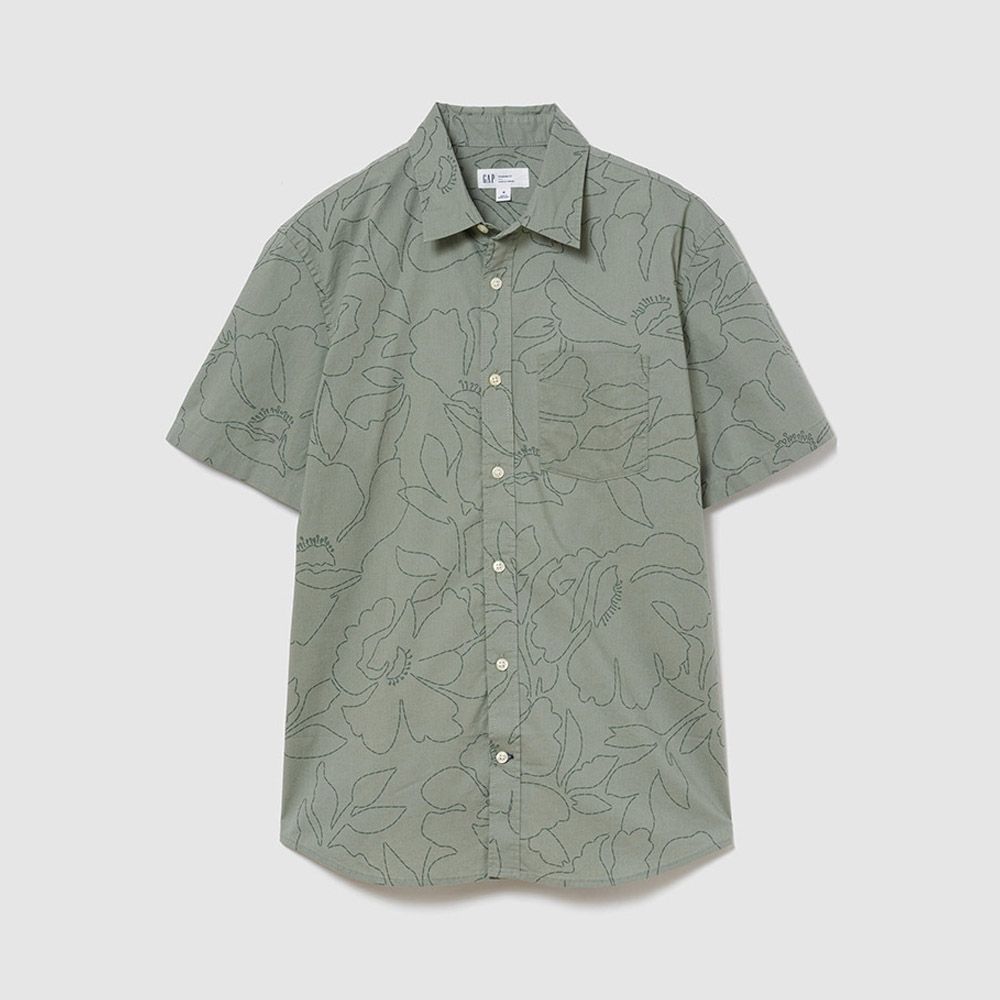 【GAP】標準版型彈性府綢襯衫-棕色花卉/鼠尾草綠(707290) (鼠尾草綠)